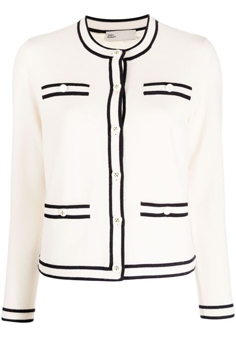Cardigan con bordo a contrasto color crema - donna TORY BURCH | 146098282